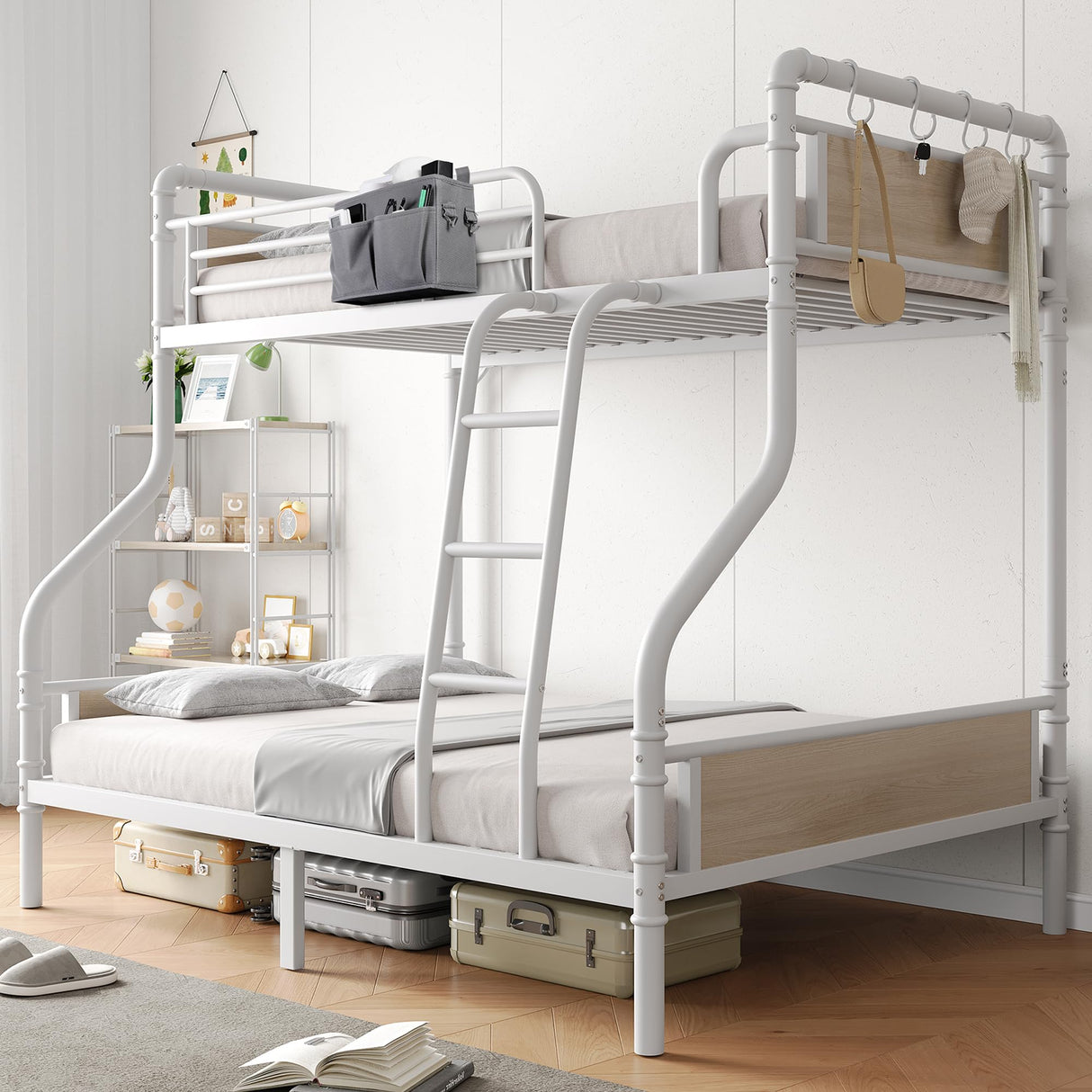 Jocoevol Bunk Bed Twin Over Full, Heavy Duty Metal Bunkbeds with Ladder and Full-Length Guardrail, Convertible into 2 Individual Beds for Kids, Teens and Adults, Under-Bed Storage Space, White Jocoevol