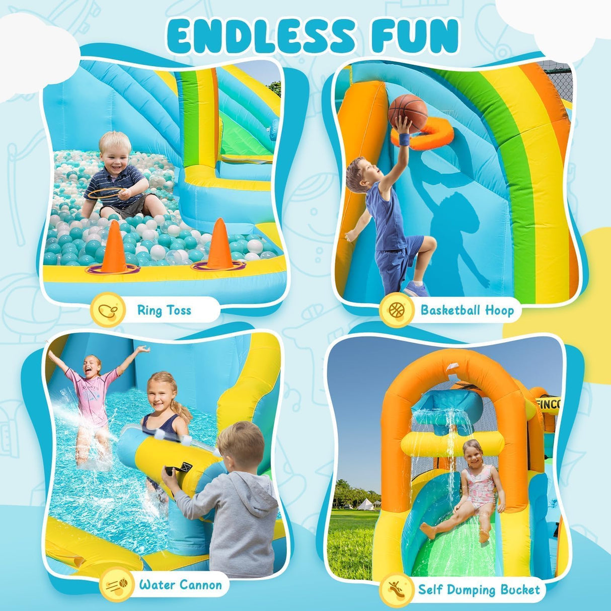 FINCOME Inflatable Water Slide, Bounce House with 2 Slide for Kids, Inflatable Waterslide Park with Splash Pool, Basketball Hoop, Ball Shooting & Water Cannon for Backyard, Outdoor, Indoor FINCOME