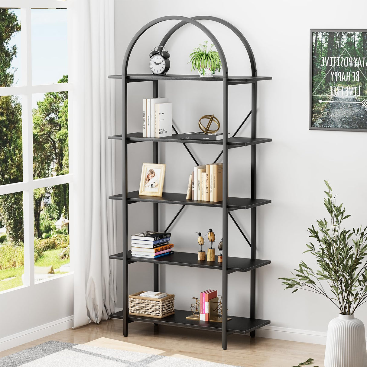 Arbuxzuy Arched Bookshelf 5 Tier Book Shelf, 31.5 Inch Width Industrial Arch Bookcase, Curved Tall Bookshelf with Open Shelves for Home Office, Living Room, Bedroom, Black Arbuxzuy