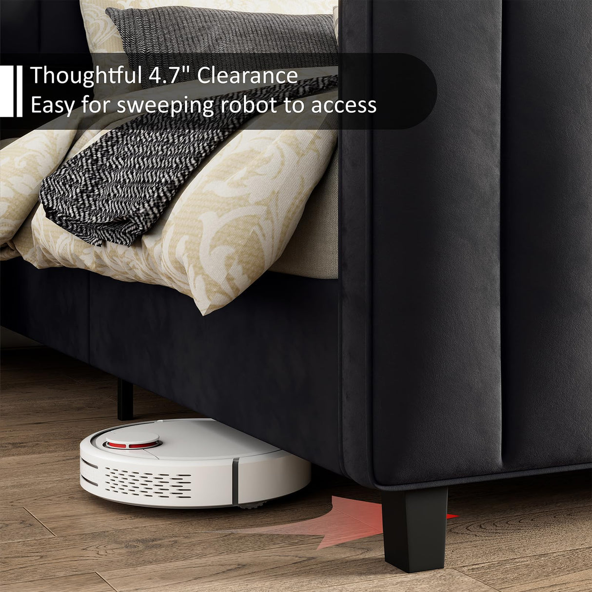 AMERLIFE King Size Bed Frame, Velvet Upholstered Platform Bed with Vertical Channel Tufted Headboard & Footboard/Wingback, Mattress Foundation with Wood Slats, No Box Spring Needed, Black AMERLIFE