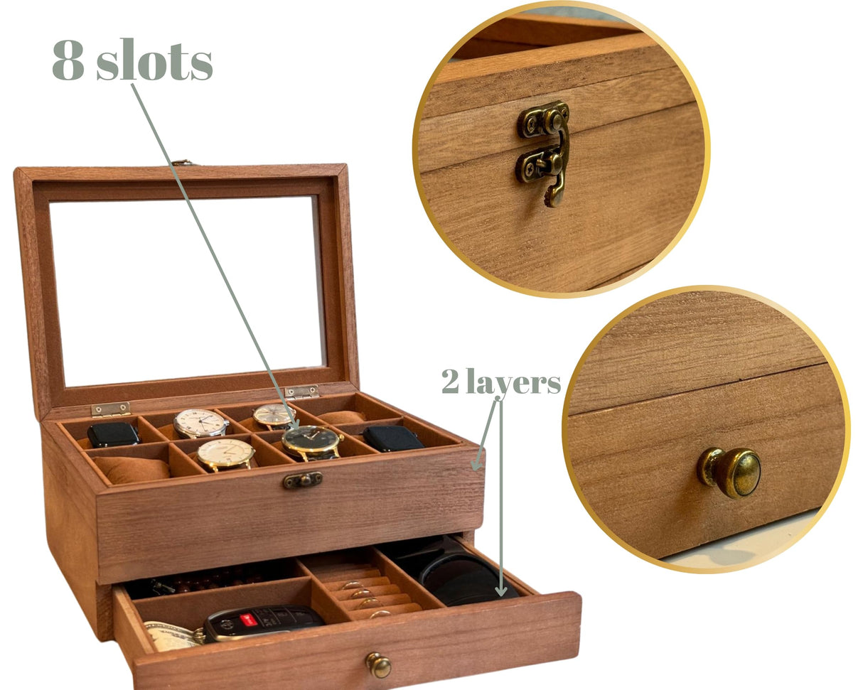 Personalized Watch Storage Box with Drawer, 8 Slots, 2 Layers, Wood - Groomsmen Gifts - Custom Gift for Him, Dad, Husband - Gift for Men to keep sunglasses, key, rings (Watch Box) Generic
