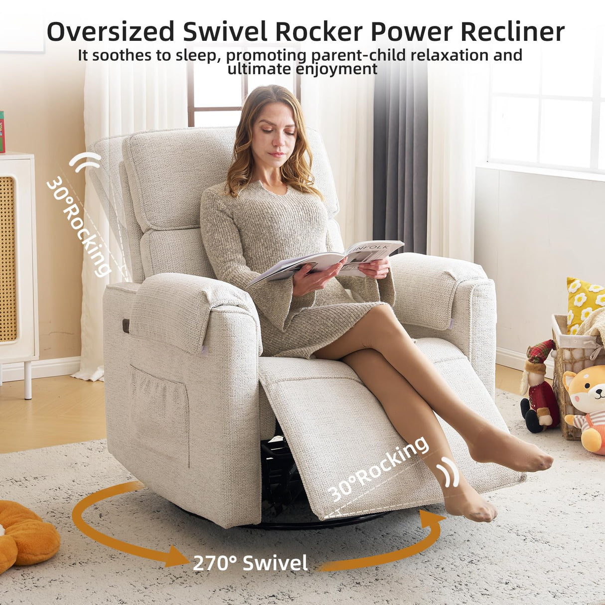 Rhevoy Oversized Power Recliner Chair, 26" Extra Wide Swivel Rocker Recliner with Adjustable Headrest, Chenille Glider Rocking Nursery Chair with Overstuffed Armrest, USB Ports, White Rhevoy