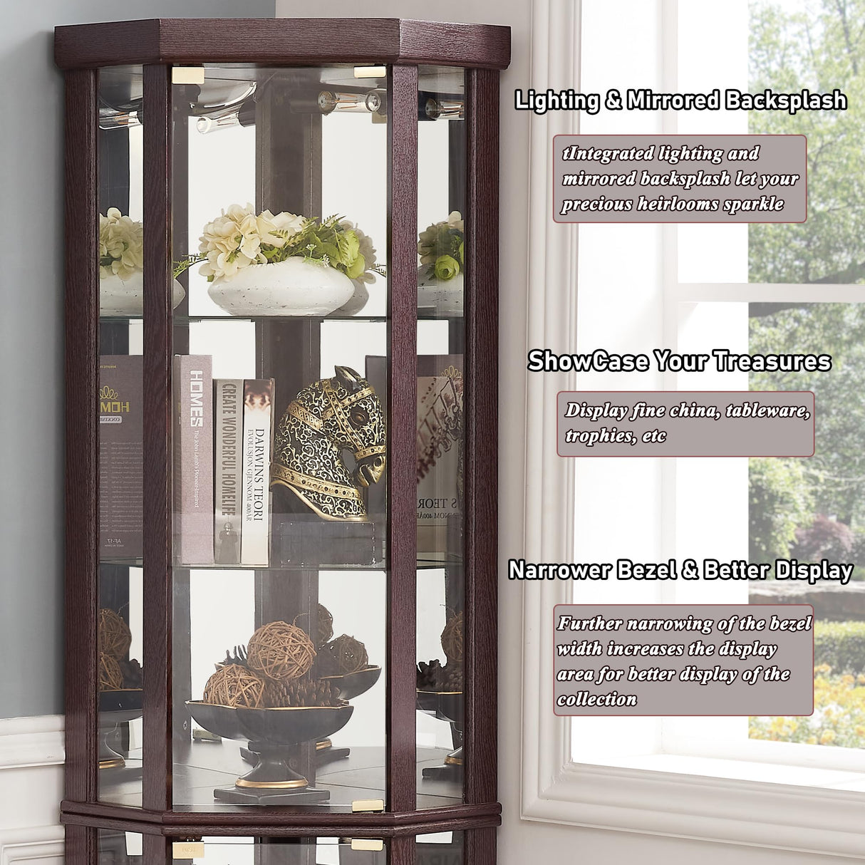lunhung 69" H Corner Curio Cabinet with Light, Corner Glass Display Showcase with Adjustable Shelves & Glass Doors, Wooden Accent Storage Curio Storage Rack for Living Room (Dark Cherry) lunhung