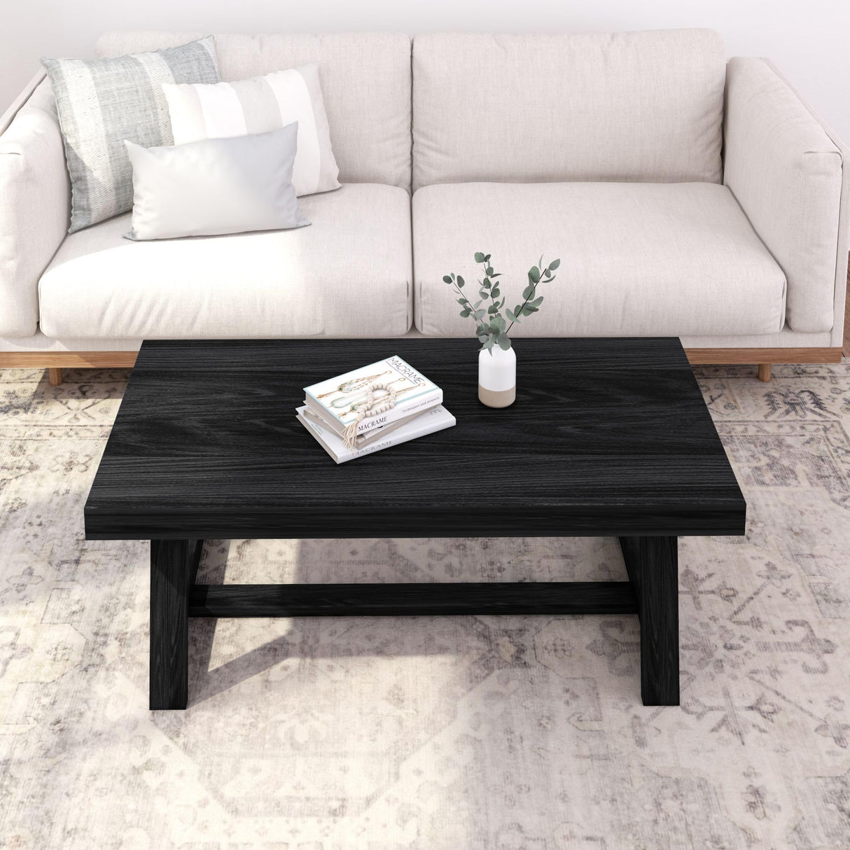 Plank+Beam Classic Rectangular Coffee Table, 48 Inch Farmhouse Coffee Table, Mini Center Tables for Small Spaces, Small Living Space Tea Table, Black Wirebrush Plank+Beam