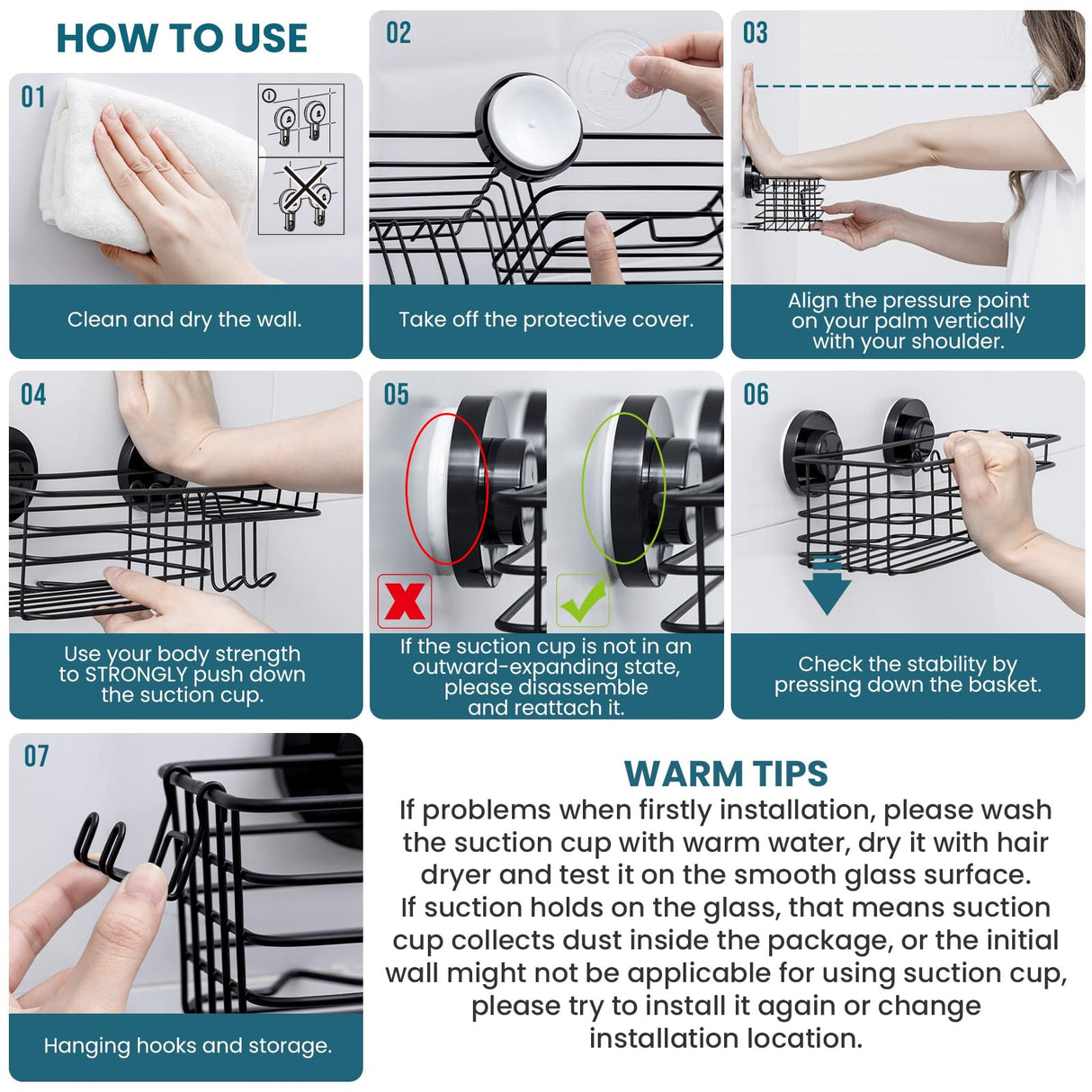 TAILI Shower Caddy Suction Cup 2 Pack with Hooks & Soap holder, Heavy Duty Shower Organizer for Bathroom, No Drilling Bathroom Organizer with Large Capacity, Black Metal Storage Basket TAILI