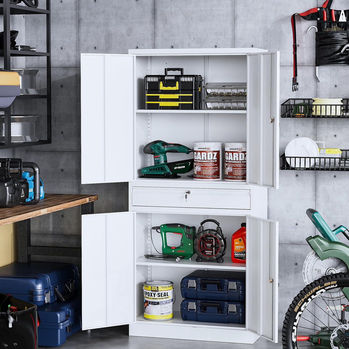 STANI Metal Garage Storage Cabinets with Drawer, 4 Doors Tool Storage Cabinet with 2 Adjustable Shelves, 71"-Lock Steel Locking Cabinet for Garage Utility Room Home Office (White, 0 Wheel-71 H) STANI