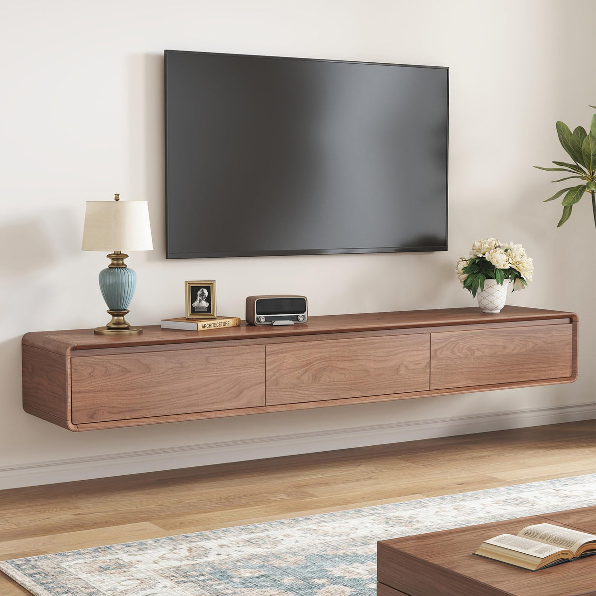 Modern Walnut TV Stand - Mid Century Floor or Floating TV Console, Versatile Entertainment Center with 3 Drawers Fits 65-75-85 Inches TV for Living Room (78.74") Etelifrank