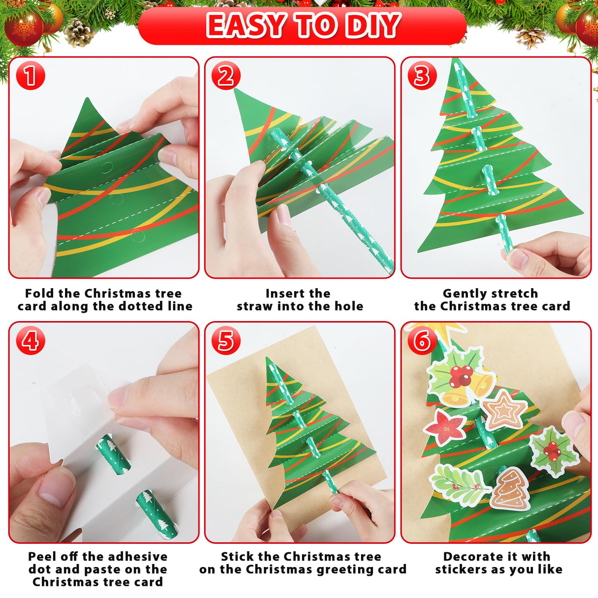Justforjoyful 24 Sets Christmas Card Making Craft Kit for Kids 3D Christmas Tree Cards Crafts DIY Handmade Greeting Card Holiday Xmas Art and Crafts Supplies for Christmas Home Classroom Activities Justforjoyful