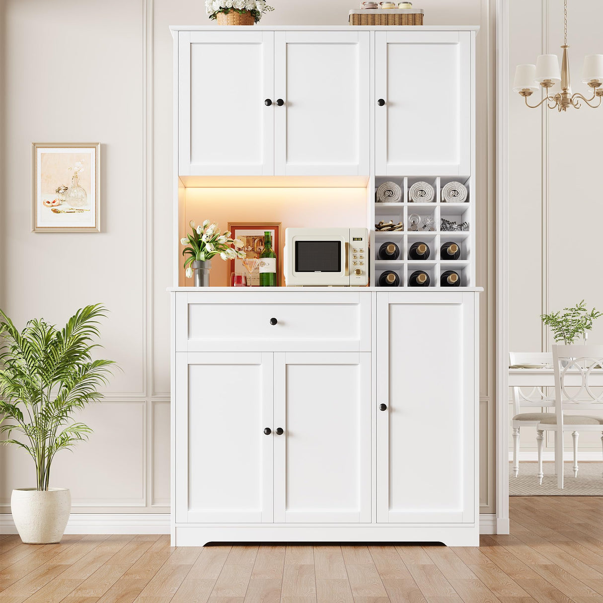 FINETONES Pantry Cabinet with Charging Station and LED Lights, 71" Tall Kitchen Pantry Cabinet with Microwave Stand, Modern Kitchen Hutch Cabinet with Storage Drawer for Kitchen, Dining Room, White FINETONES