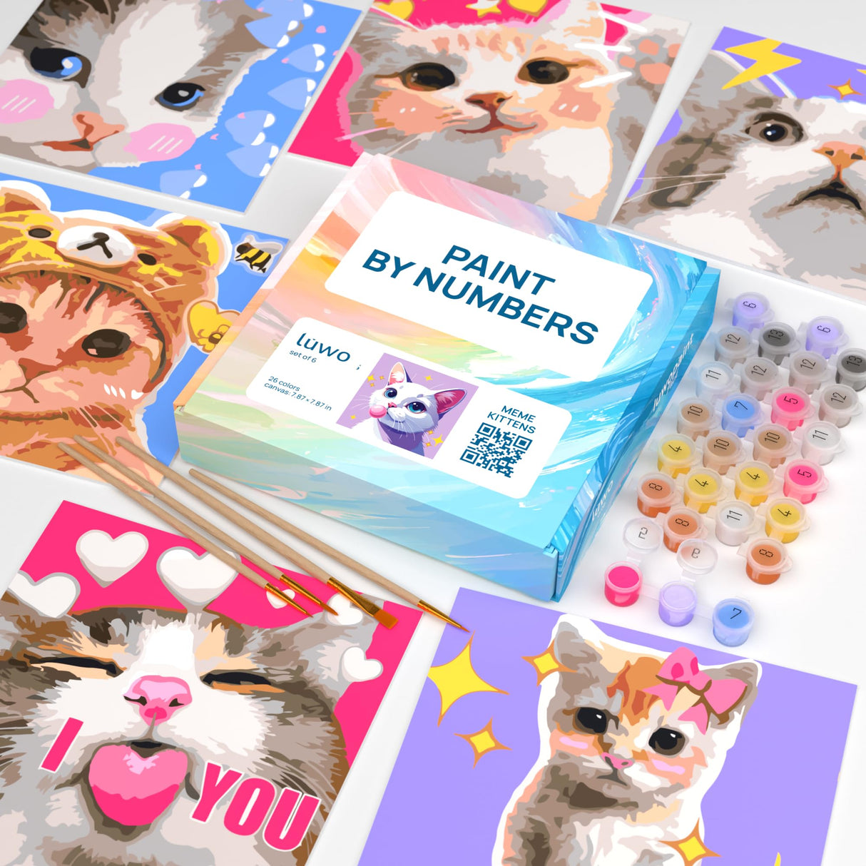 LuwoArte 6 Pack Paint by Numbers Kit for Adults – Meme Kittens (Cats) – Funny Paint by Numbers for Adults Beginners – DIY Adult Paint by Number Kit – Relaxing Wall Art Gift Set – 7.87 x 7.87 inch LuwoArte