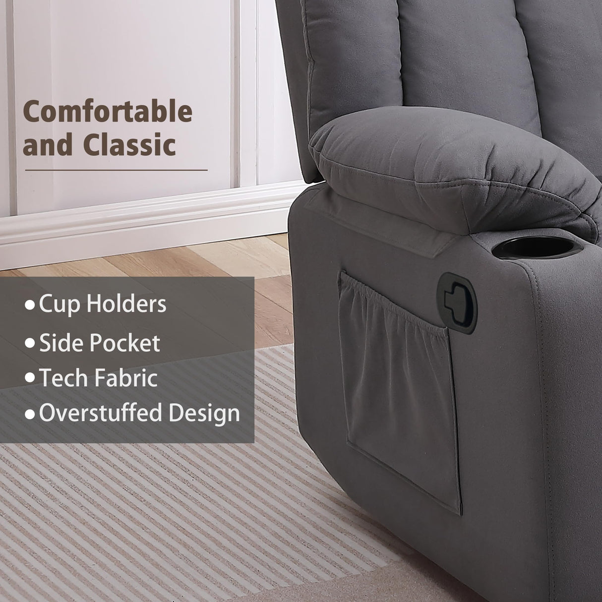 Ketaiyou Rocker Swivel Recliner Chair for Adults, Overstuffed Large Manual Recliner Glider with Massage and Heat, Comfy Soft Fabric Living Room Reclining Sofa Chair(Technical Grey) Ketaiyou