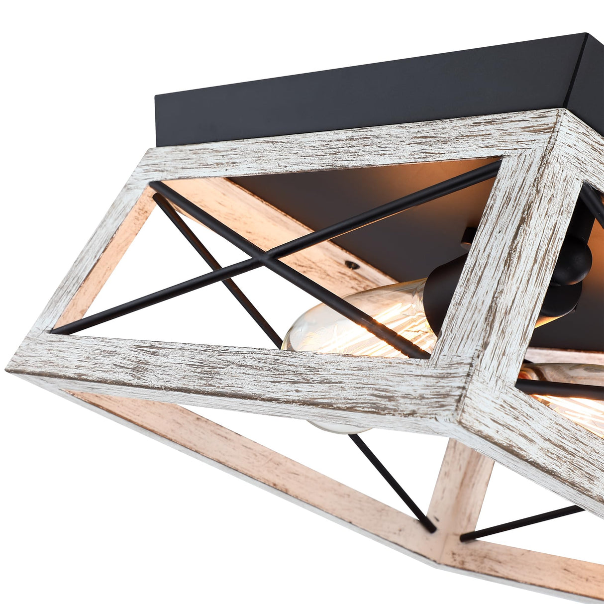 2-Bulb Black and Wood Flush Mount Ceiling Light with White Wood Grain Finish Rustic Vintage Ceiling Light for Closet Dinning Room Bedroom Faux Wood Farmhouse Ceiling Mount Light Fixture Faymart lighting