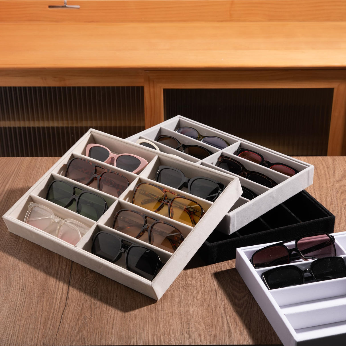 Frebeauty Sunglass Organizer,Velvet Glasses Organizer,8-Slot Sunglasses Tray for Drawer,Men's/Women's Sunglasses Box,Sunglass Holder,13.3 x 9.6 x 1.5 Inches,Eyeglass/Eyewear Display Tray(Beige) Frebeauty