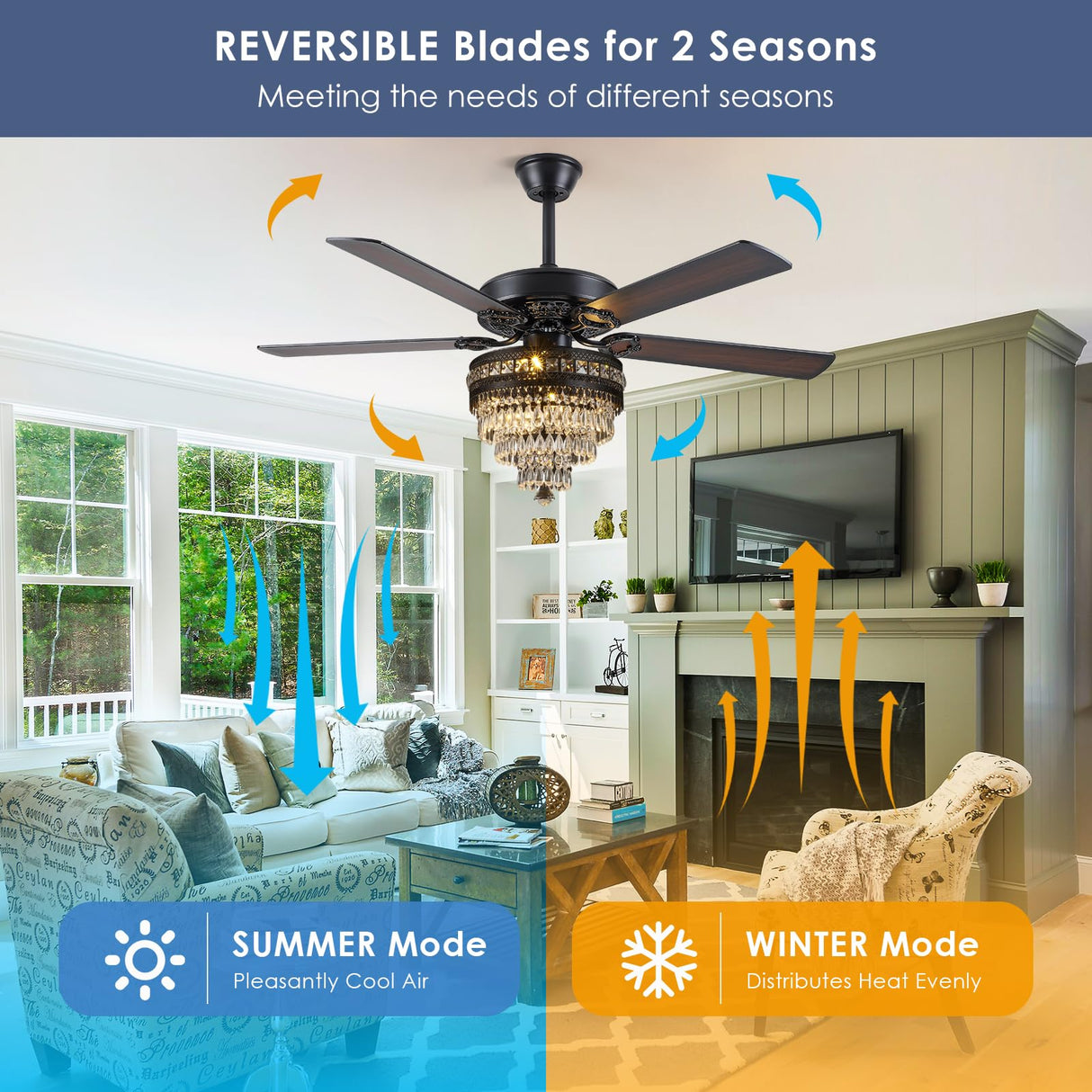 Crystal Ceiling Fan Fandelier with Lights - Modern Outdoor Fans with Remote Control,Noiseless AC Motor, Retro/Farmhouse Lighting, Dining Room, Living Room (52" Asyko