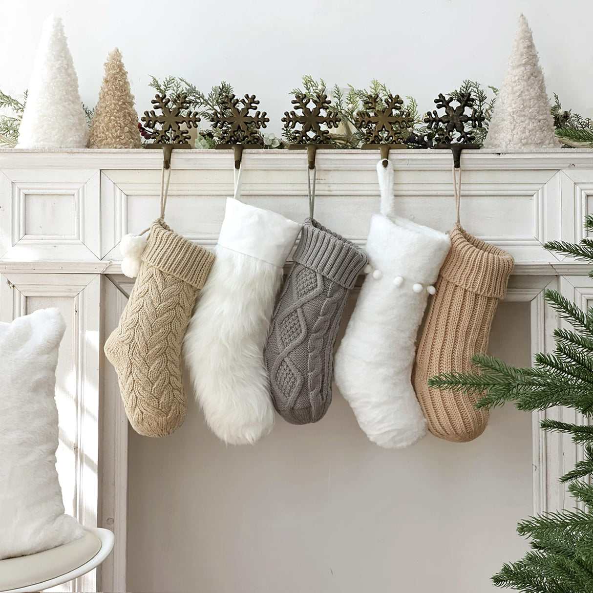 Pawliss Christmas Stockings: 5 Pack Farmhouse Plush Faux Fur & Cable Knitted Fireplace Xmas Stockings, Hanging Gifts Cozy Personalized Stocking Decorations for Family Holiday Décor, White Gray Beige Pawliss