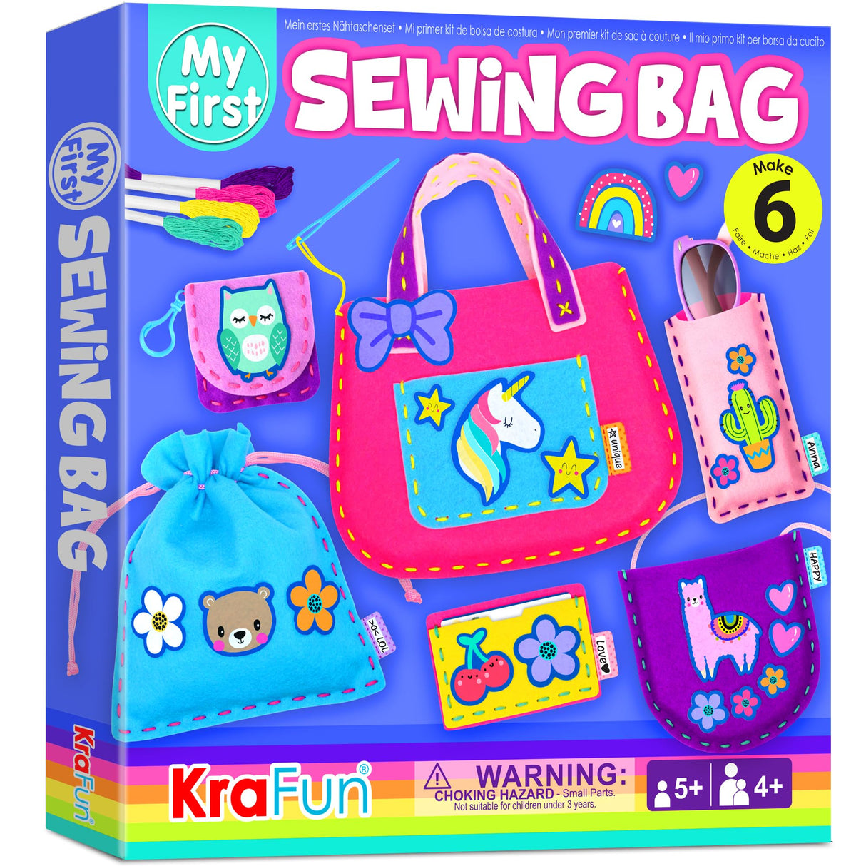 KRAFUN My First Sewing Bag Kit Arts & Crafts for Beginner Kids, 6 Easy DIY Sewing Handbag Pouch Sleeve Projects of Animal Theme, Instructions Learn to Sew & Felt Embroidery, Gift for Girls, Boys KRAFUN