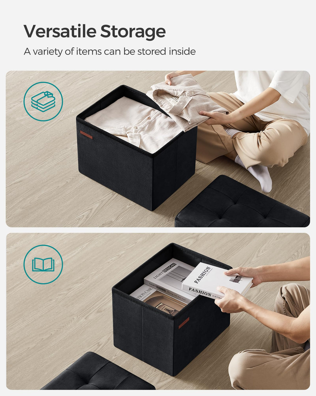 SONGMICS Storage Ottoman, Foldable Small Ottoman Foot Rest, 12.2 x 16.1 Inches Foot Stool, Load up to 286 lb, for Living Room, Bedroom, Dorm, Ink Black ULSF200B01 SONGMICS