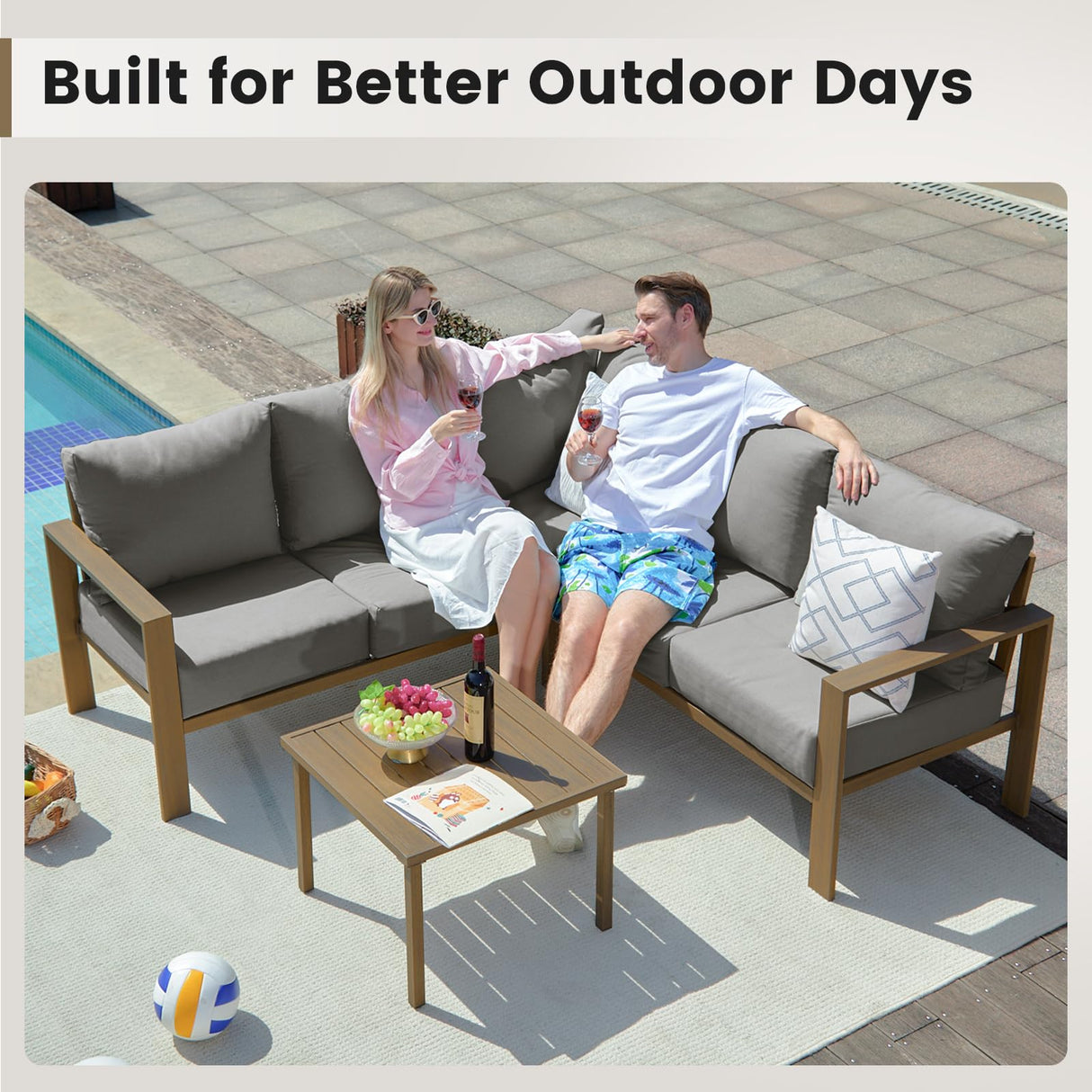 UDPATIO 6 Piece Patio Furniture Set, Faux Wood Metal Outdoor Sectional Sofa with 6" Thick Olefin Cushions, Wide Armrest & Coffee Table, L Shaped Outdoor Furniture for Garden, Backyard Dark Grey UDPATIO