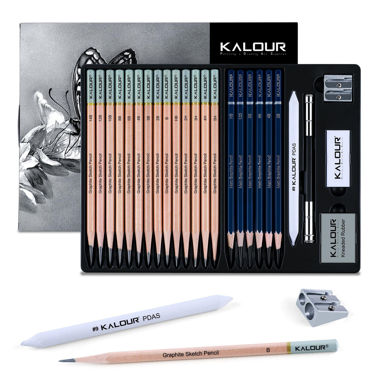 KALOUR 25-Piece Professional Sketch Pencil Set with Matte and Regular Pencils - Includes Vinyl Eraser, Kneaded Eraser, Sharpener, Pencil Extender and Blending Stump - Ideal for Artists and Beginners KALOUR