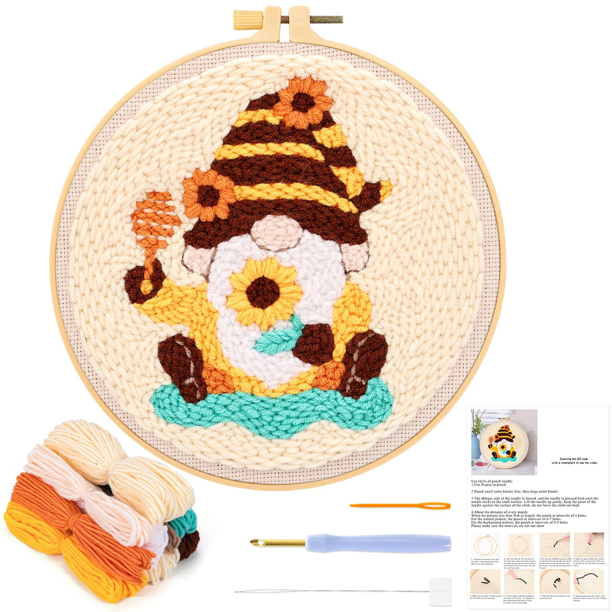 JSRQT Honey Gnomes Punch Needle Kit for Beginners, Punch Needle Embroidery Starter Kit for Adult Kids, DIY Cross Stitch Punch Needle Rug Hooking Beginners Kit with Punch Needle Tool for Home Decor JSRQT