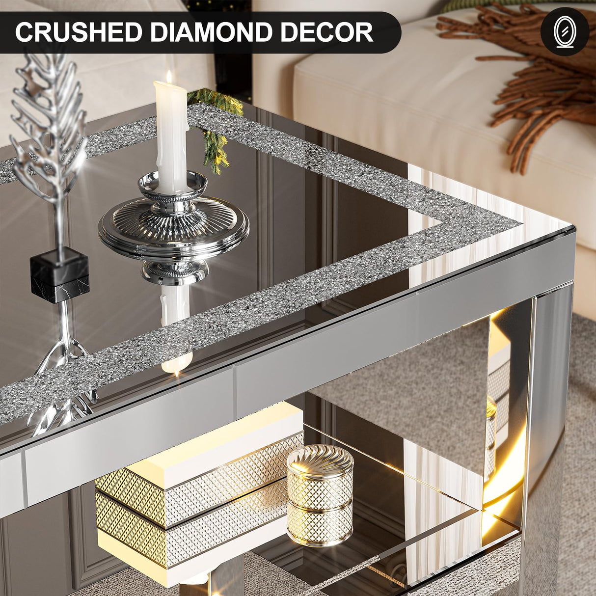 IKIFLY Mirrored 2 Tiers Coffee Table with LED, Rectangle Mirrored Coffee Table with Crushed Diamond and Stainless Steel Legs, Silver Living Room Table IKIFLY