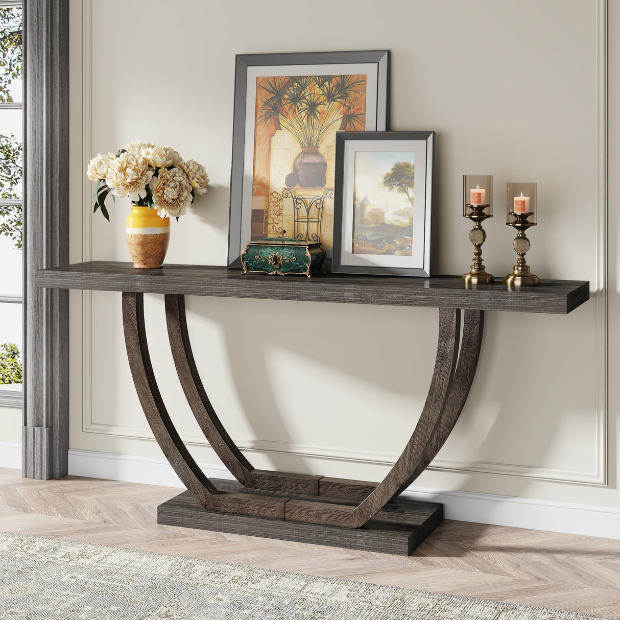 Tribesigns 63-Inch Wood Console Table with Geometric Metal Base, 2-Tier Farmhouse Sofa Table Narrow Long, Thickened Behind Couch Table with Shelves for Living Room Foyer Corridor (Rustic Grey) Tribesigns