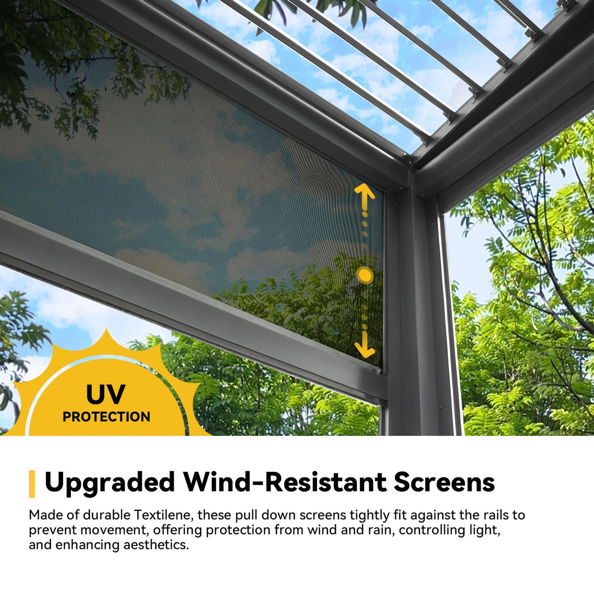 MELLCOM Louvered Pergola with Screen 10x13, Wall-Mounted Adjustable Pergola, Lean to Aluminum Gazebo with 3 Pull-Down Screen Sides and Adjustable Roof for Backyard, Dark Gray MELLCOM