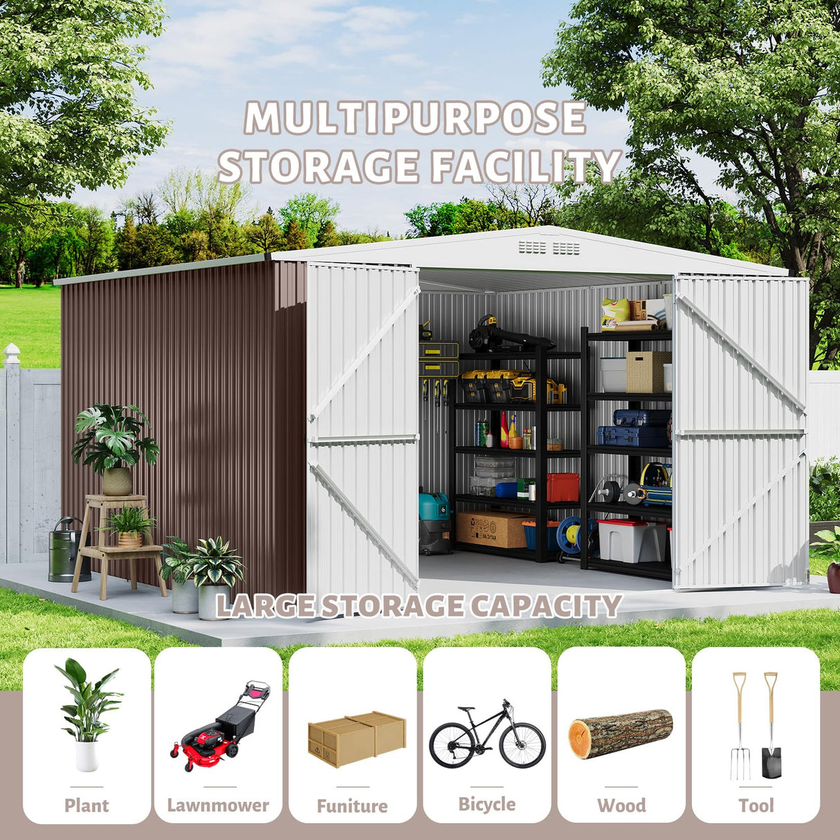 GarveeLife 10x10 Shed for Outdoor Storage, Galvanized Steel Metal Tool Sheds House with Lockable Doors, Lock & Air Vent, Large Utility Sheds for Patio Garden Lawn, Brown GarveeLife