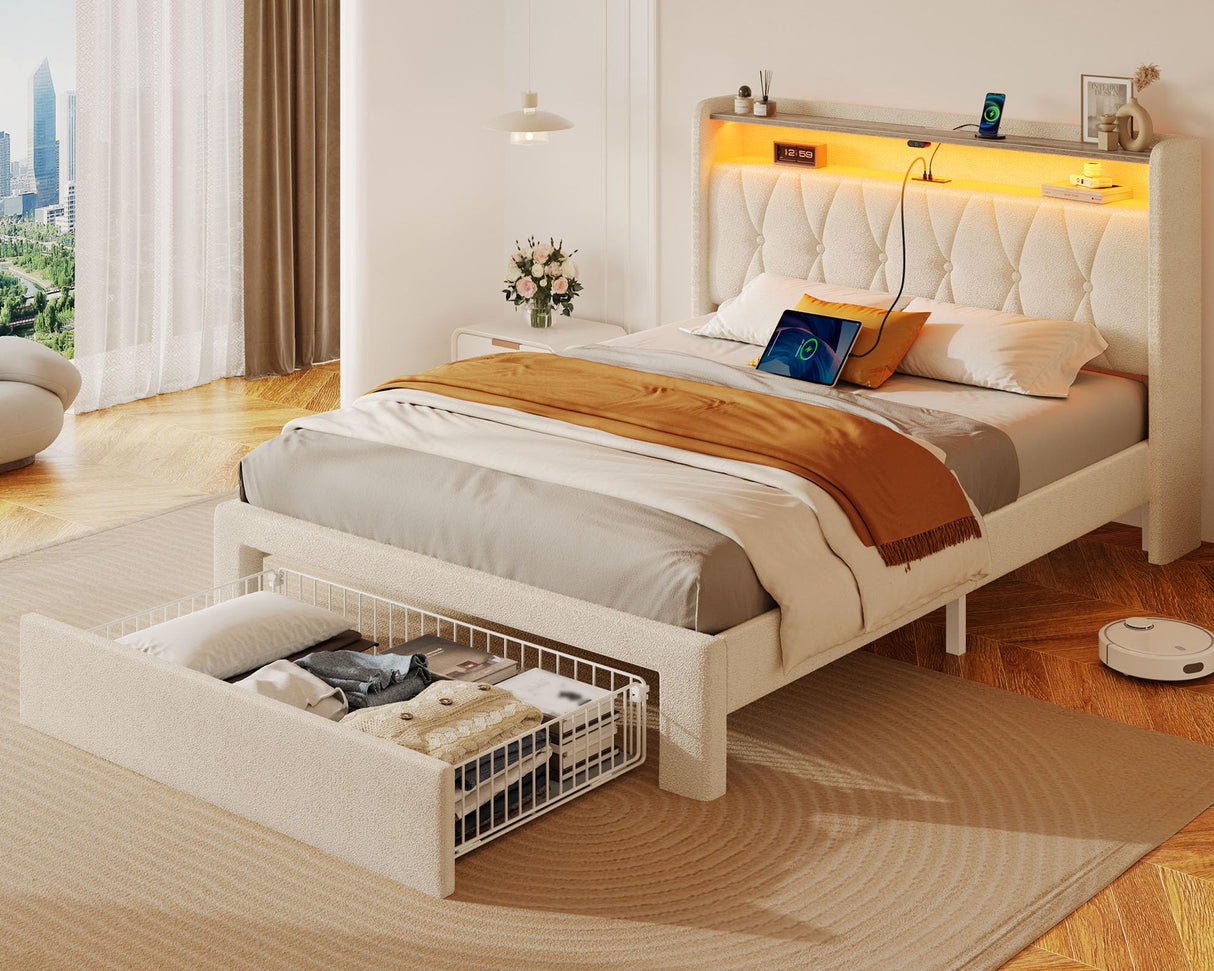 Rolanstar Twin Bed Frame with Drawer, Storage Headboard with Charging Station and LED Lights, Upholstered Bed with Heavy Duty Wood Slats, No Box Spring Needed, Noise Free, Easy Assembly, Beige Rolanstar