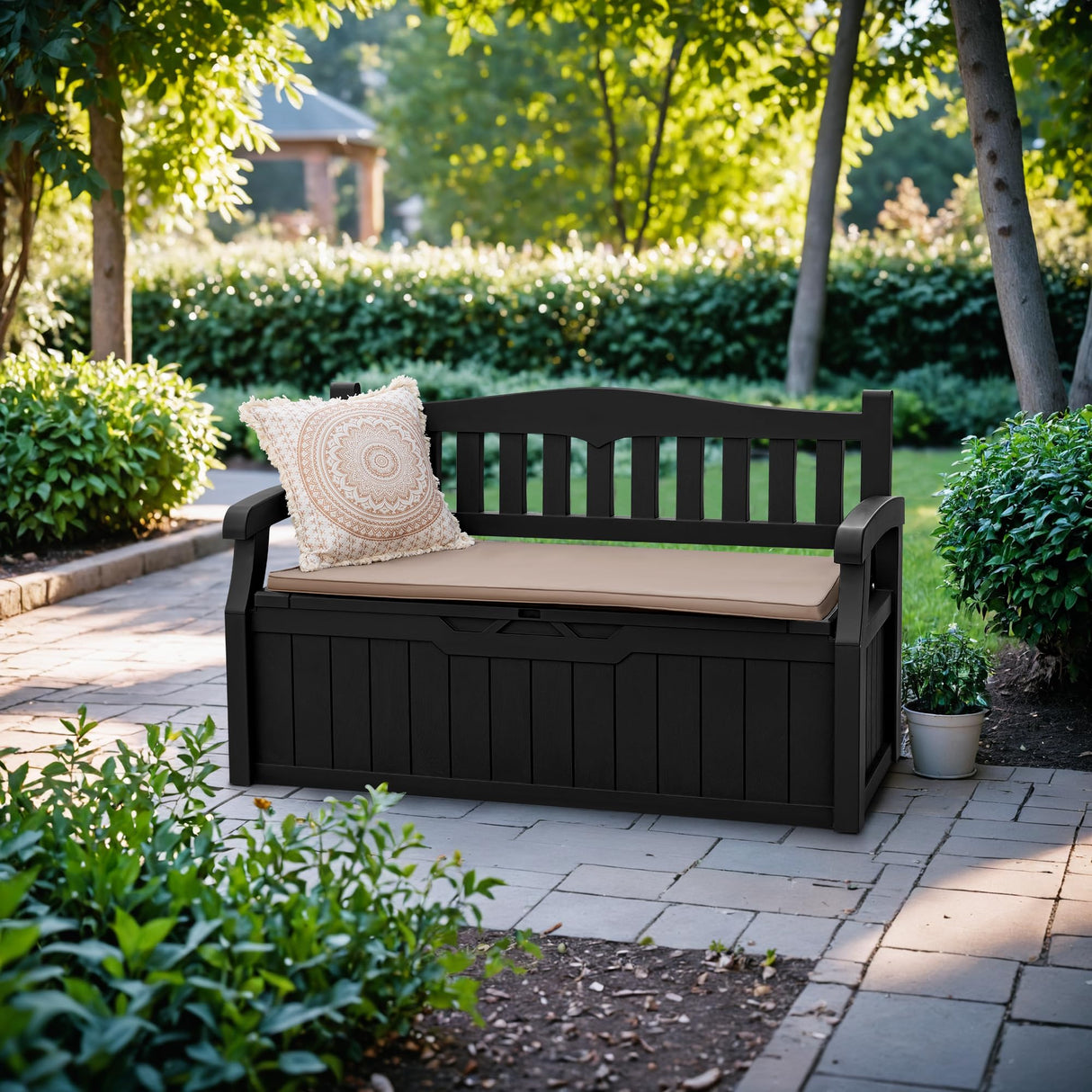Devoko 80 Gallon Storage Bench Deck Box Lockable for Patio Furniture, Garden Decor and Outdoor Seating for Cushions, Garden Tools and Pool Supplies (Black) Devoko