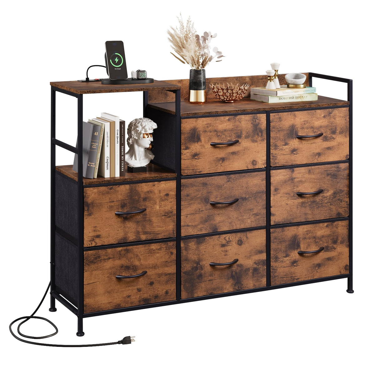 WLIVE Dresser TV Stand for Bedroom with Charging Station, Wide Storage Chest of Drawers with 8 Large Fabric Drawers and Open Shelves, Storage Organizer Unit for Closet, Living Room, Rustic Brown WLIVE