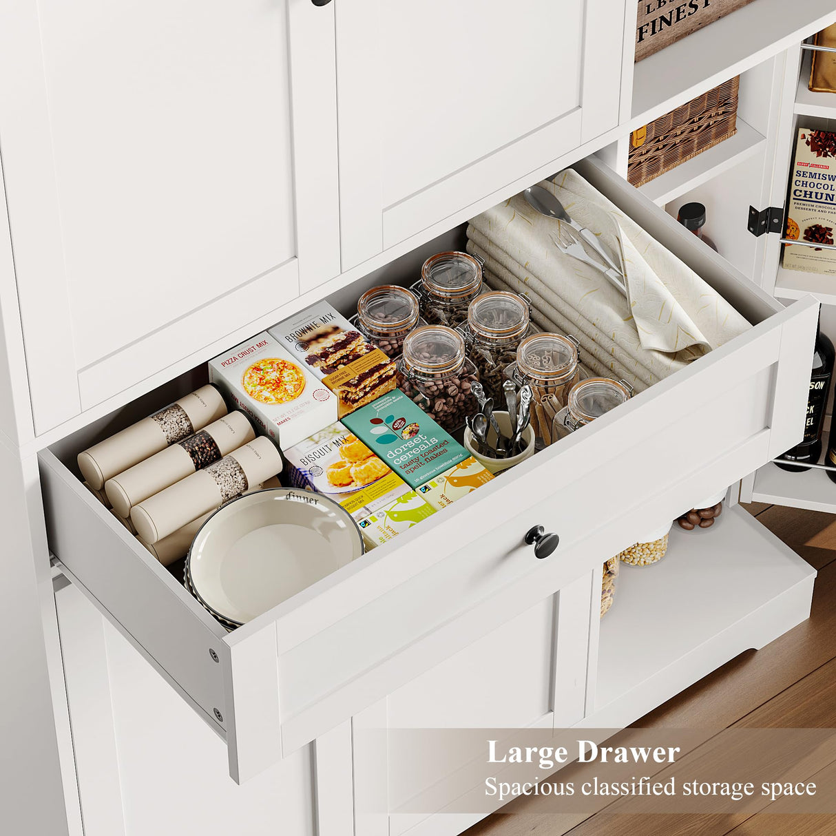 HOSTACK 68" Tall Kitchen Pantry Storage Cabinet, Modern Kitchen Hutch Cabinet with Doors and Shelves, Freestanding Food Pantry with Large Storage Drawer for Dining Room, Living Room, White HOSTACK