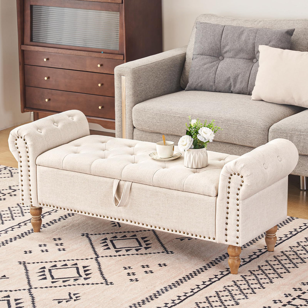 Furniliving 51” Storage Bench, End of Bed Bench with Button-Tufted Large Upholstered Storage Ottoman Linen Window Bench with Storage Shoe Cabinet Bench, for Bedroom, Entryway, Closet, Beige Furniliving