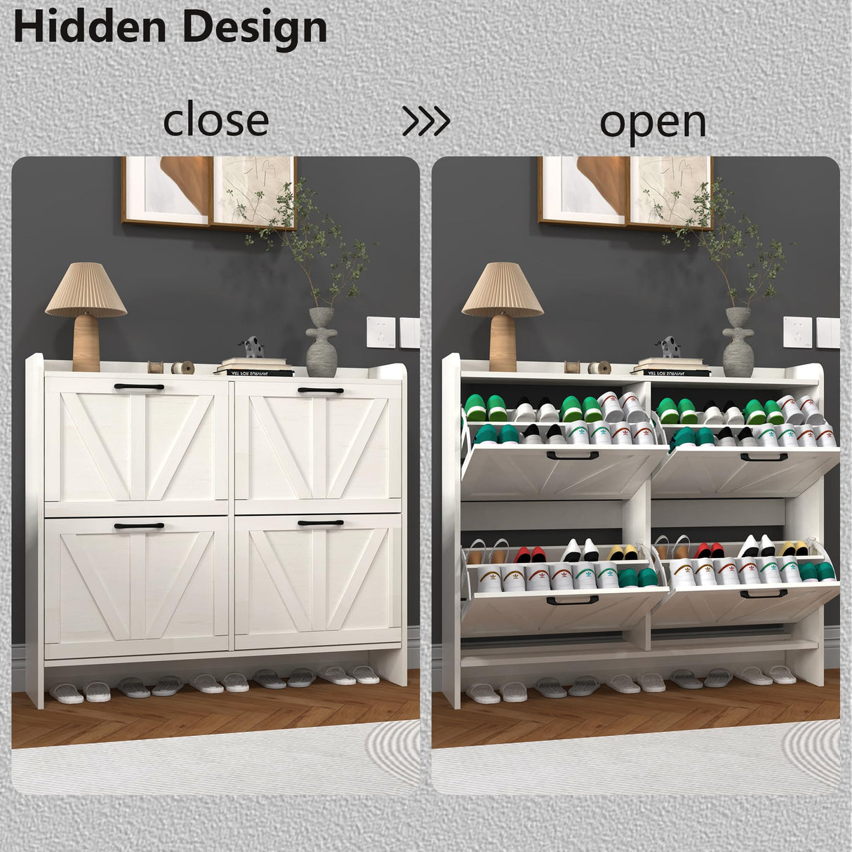 VINYUSE Shoe Cabinet with 4 Flip Drawers, Shoe Storage Cabinet for Entryway, Freestanding Hidden Shoe Cabinet Organizer with Open Storage, Narrow Shoe Rack with Legs, Oak White VINYUSE