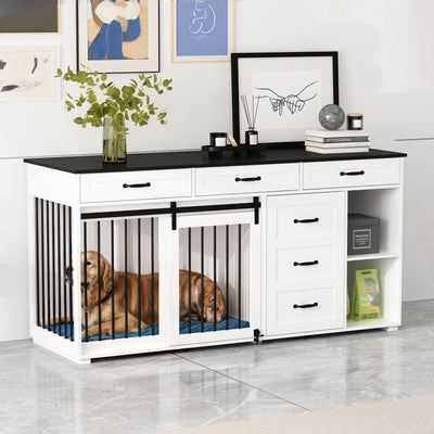 Lovinouse Large Dog Crate Furniture, 67" Wooden Dog Crates Kennel Furniture with Sliding Door, Storage Shelves and Drawers for Small, Medium and Large Dog, White+Black Tablet