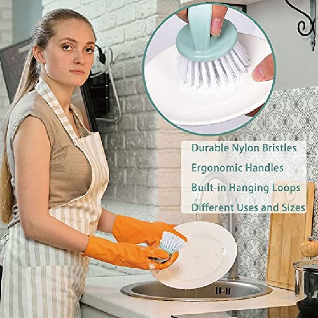 Perastra Dish Brush with Handle, Kitchen Dish Scrub Brush Set, 4-Piece Kitchen Cleaning Brush Set for Pots and Bottles, Nordic Green Perastra