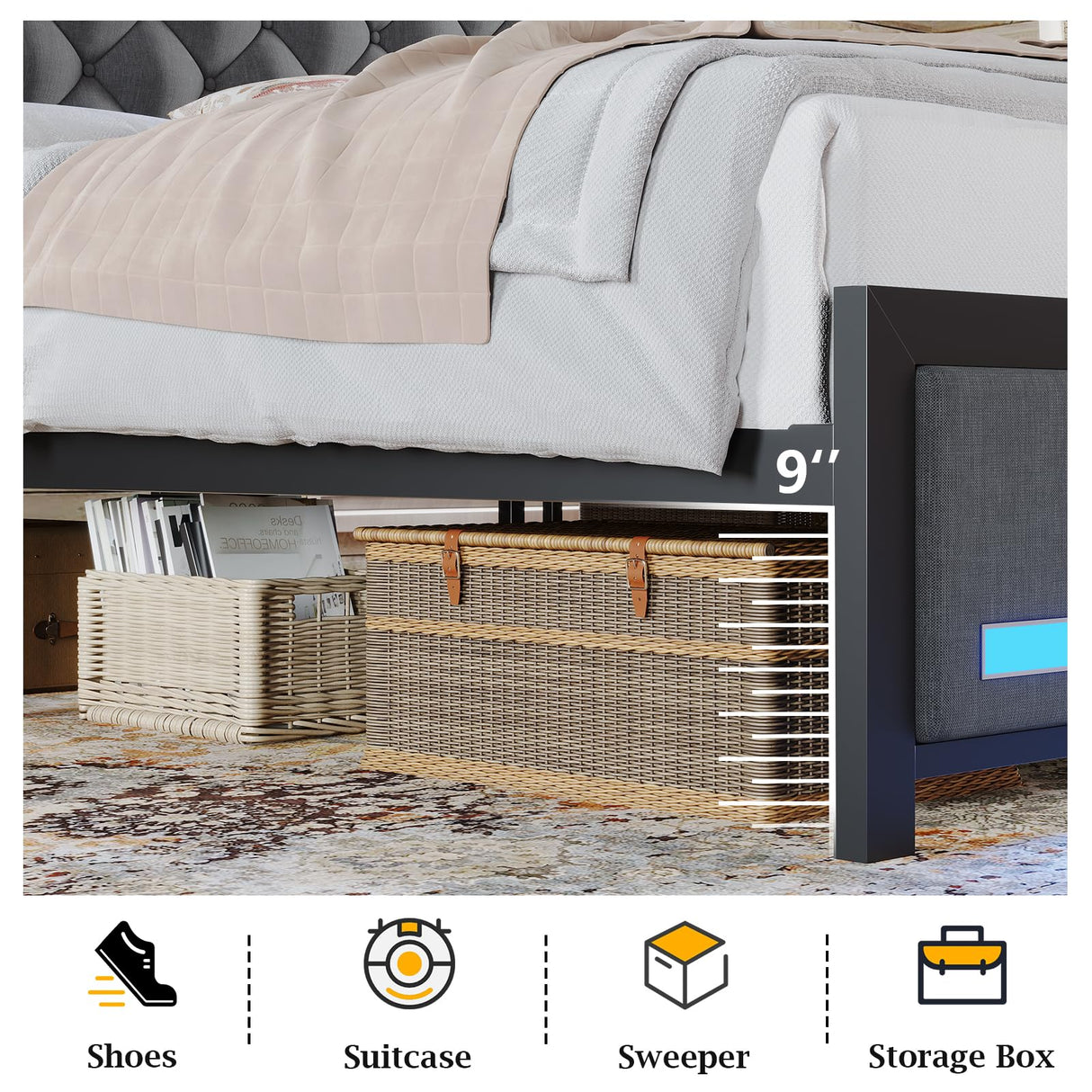 BYSAUD King Size Bed Frame with Headboard, Upholstered King Bed Frame with 3-Tier Storage Shelves & Hidden Space, King Platform Bed Frame with Charging Station & LED Lights, Heavy Metal Slat Support BYSAUD