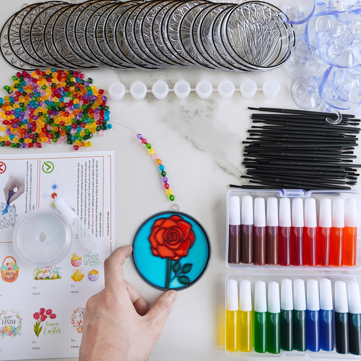 Winlyn 24 Set Spring Flower Suncatchers Ornaments Decorations DIY Window Paint Art Kit for Kids Classroom Activities Party Favors Winlyn