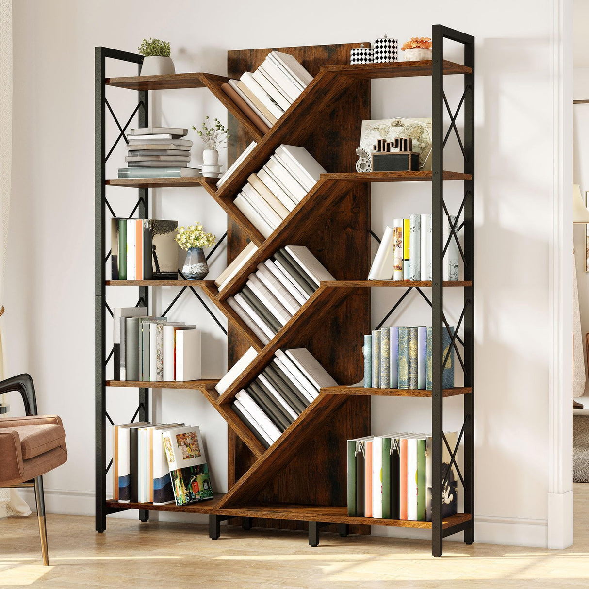 DWVO Industrial Tree Bookshelf, Large 5 Tier Bookcase Tall Standing Book Shelves Organizer Display Rack for Living Room Home Office, Rustic Brown DWVO