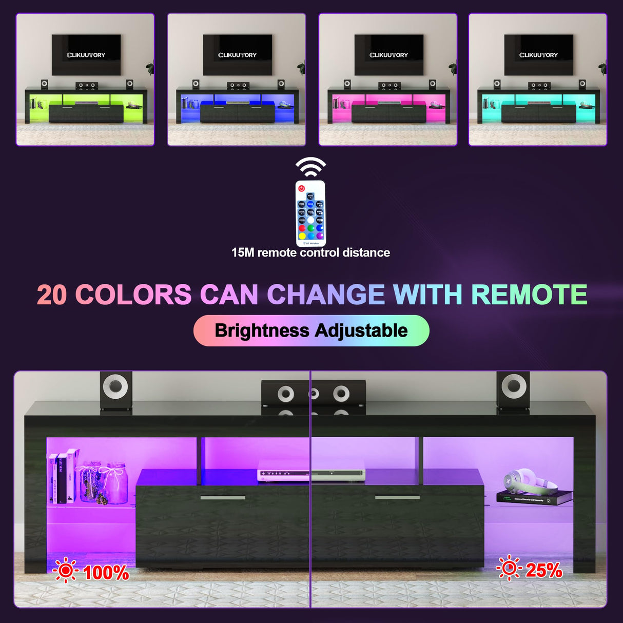 Clikuutory Modern LED 63 inch Long TV Stand with Large Storage Drawer for 50 55 60 65 70 75 Inch TVs, Black Wood TV Console with High Glossy Entertainment Center for Living Room, Bedroom, Black Clikuutory