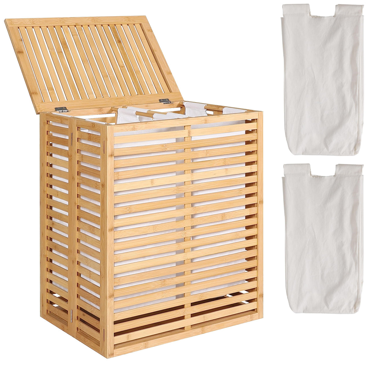 VEIKOU Hamper with Lid, Bamboo Laundry Hamper 2 Compartment, Divider Dirty Clothes Hamper, 120L Large Foldable Laundry Hamper with Removable Liners Bags VEIKOU