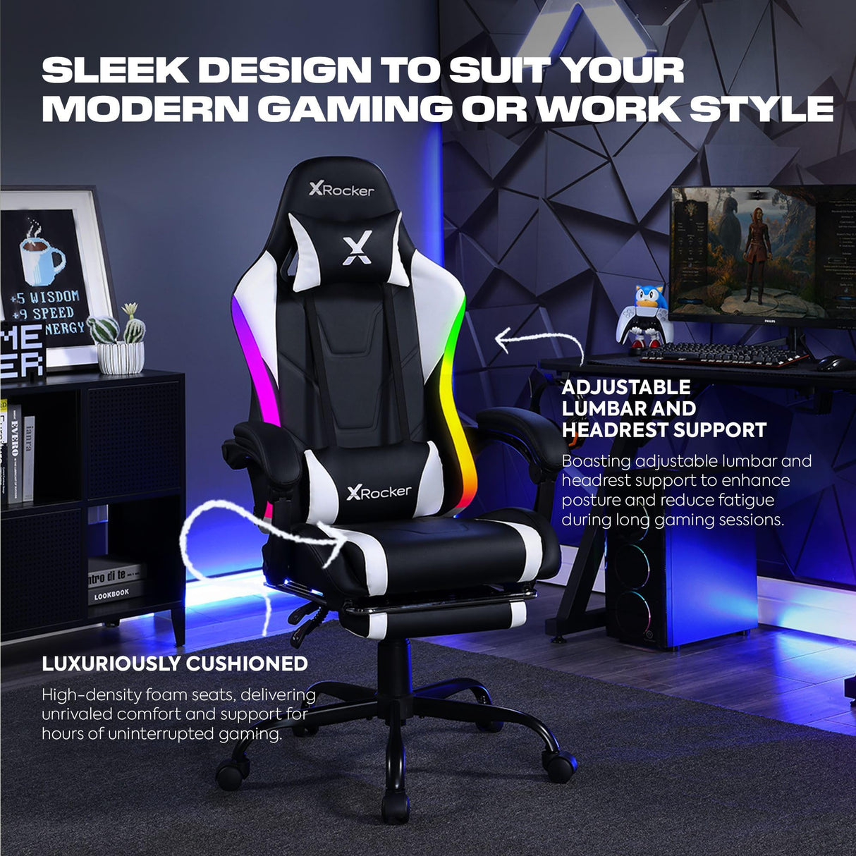 X Rocker Achiever PC Video Gaming Chair, RGB LED Lighting, Adjustable Ergonomic Office Desk Chair for Computer Gamers with Wheels, Black & White X Rocker