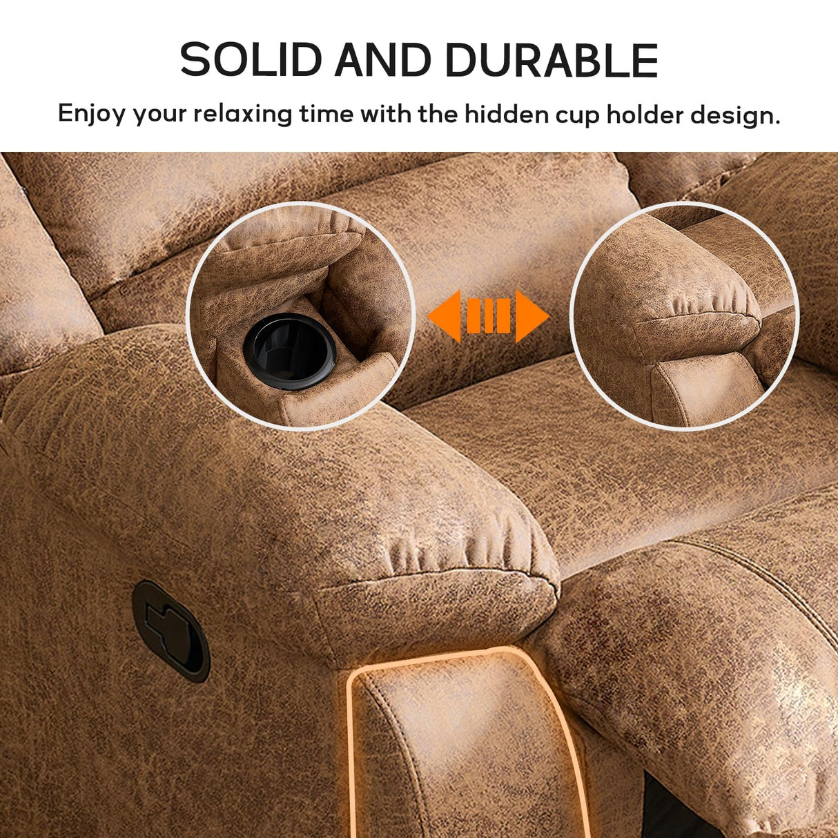 EBELLO Faux Leather Manual Reclining Sofa with 2 Concealed Cup Holders,Overstuffed Armrest 3 Seat Recliner Sofa, Couch for Living Room, Bedroom, Meeting Room, Light Brown(Sofa) EBELLO