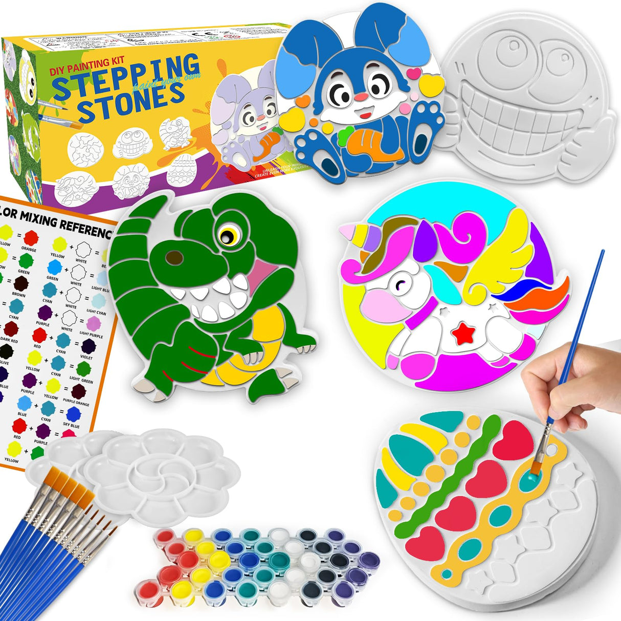 Stepping Stones Painting Kit for Kids Ages 6-12, 5 Pack Paint Your Own Garden Stones, Outdoor Arts and Crafts Kits, Creative Summer Gift for Kids Boy and Girl Age 6, 7, 8, 9, 10+ Year Old (Unicorn) FLLOBE