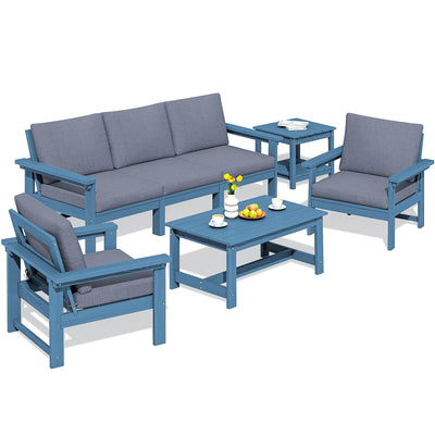 SERWALL HDPE Patio Furniture Set, 7-Piece Outdoor Sectional Sofa Set, All Weather Outdoor Couch Set for Deck, Lawn, Blue Frame with Grey Cushion
