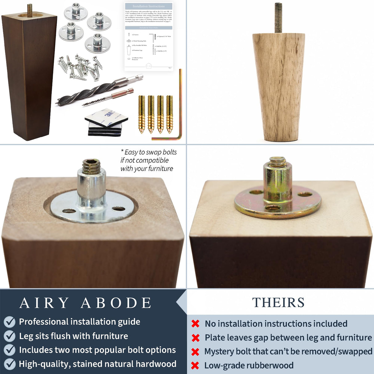 Airy Abode Walnut Brown Square Furniture Legs Set of 4 - Pick Your Size and Color Airy Abode