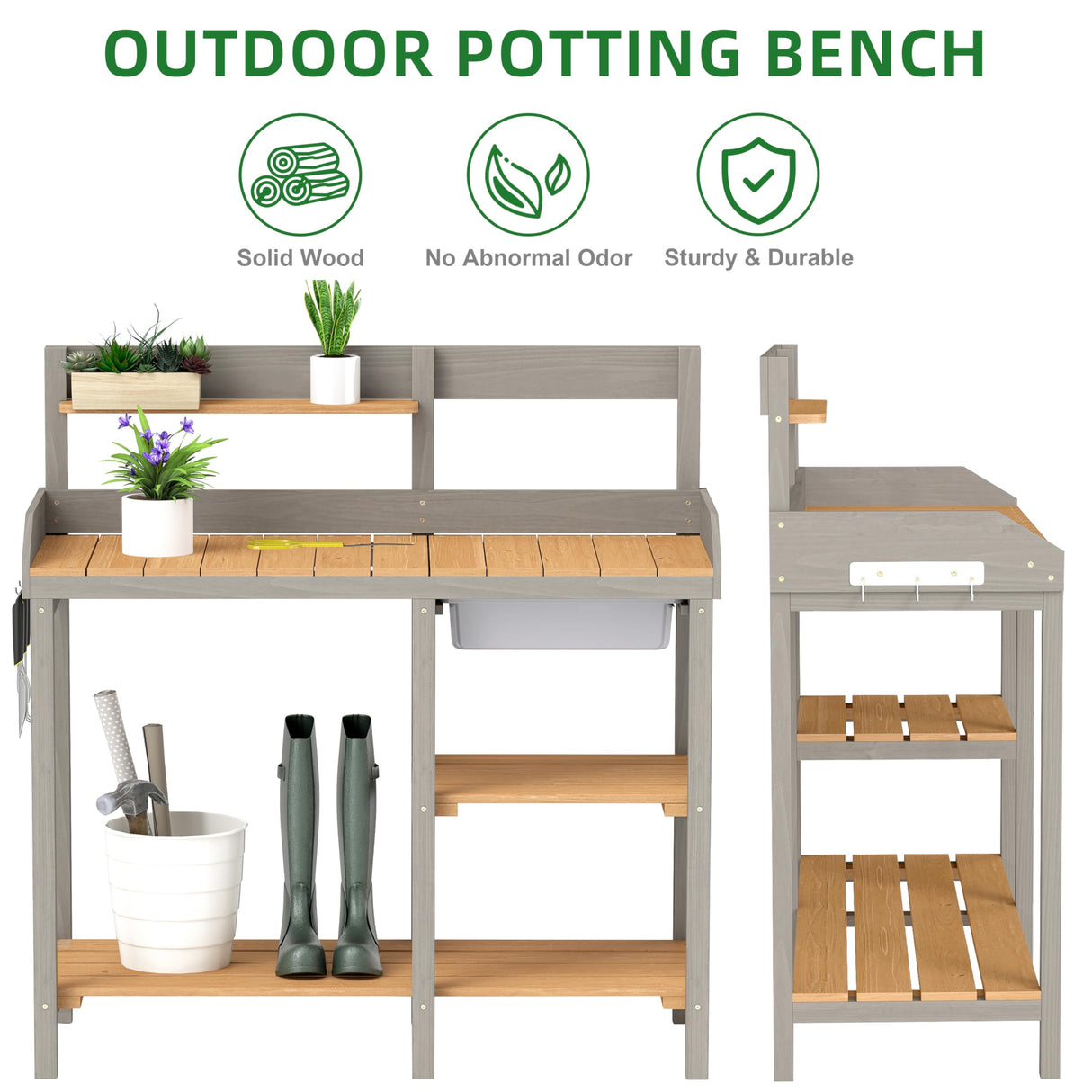 Wooden Potting Bench Table with Sink, Outdoor Garden Table Work Bench with Shelf, Workstation for Outside Patio Lawn SoliWood