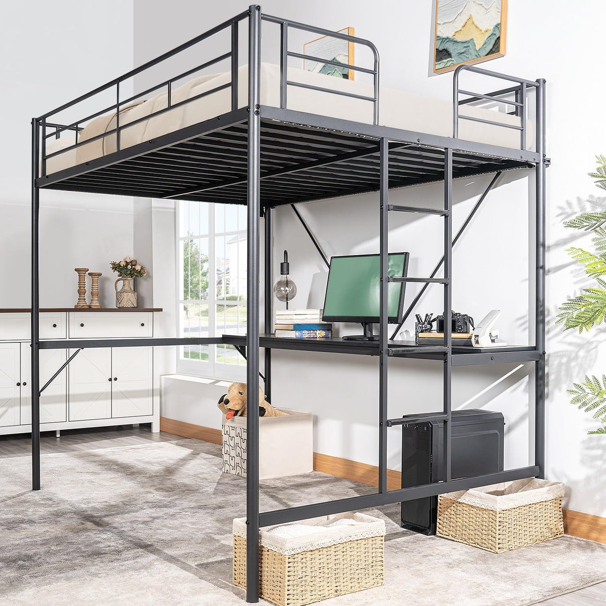 VINGLI Full Size Metal Loft Bunk Bed Frame for Kids Teens Adults with Desk Underneath,2 Charging Station,LED Lights,Safety Guardrail and Stair,No Box Spring Needed,Black VINGLI