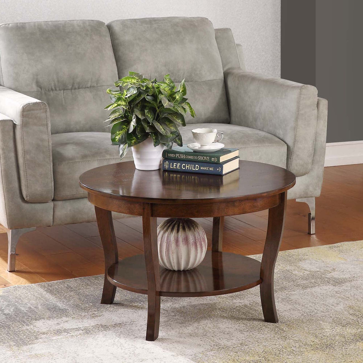 Convenience Concepts American Heritage Round Coffee Table with Shelf, 30(L) x 30(W) x 18"(H), Espresso Convenience Concepts