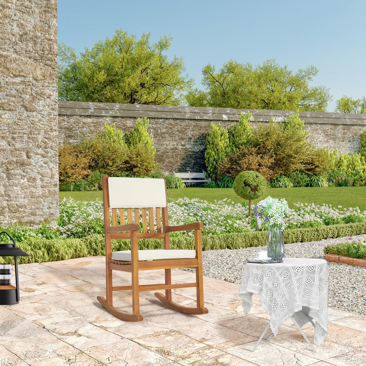 VINGLI Acacia Outdoor Rocking Chair with Cushions, Wooden Rocker Support 550 LBS for Indoors & Outdoors, 1 Pack VINGLI